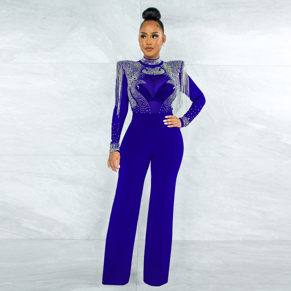 Slim Fit Turtleneck See Through Rhinestone Tassel Jumpsuit