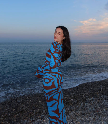 Autumn Winter Clothing Autumn Crew Neck Bell Sleeve Vertical Sesame Bottom Jacquard Slim Maxi Dress
