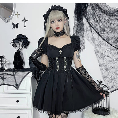 Wannathis Gothic Lolita Dress Set - Black Corset Mini Dress With Lace Bolero and Gloves