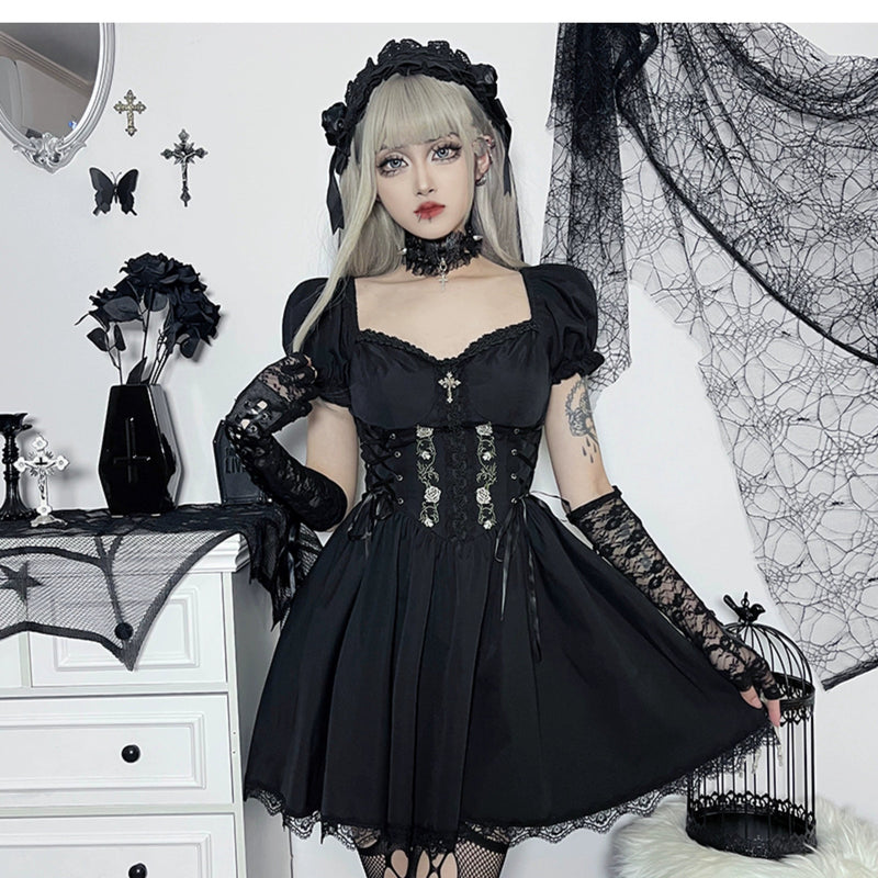 Wannathis Gothic Lolita Dress Set - Black Corset Mini Dress With Lace Bolero and Gloves