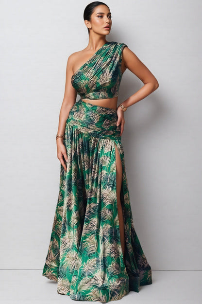 Dritad Green One-shoulder Slit Maxi Dress Set