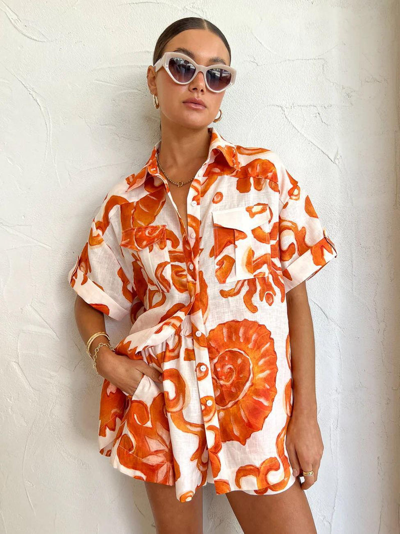 Summer Printed Shorts Collared Loose Shirt Set Amplified Craft
