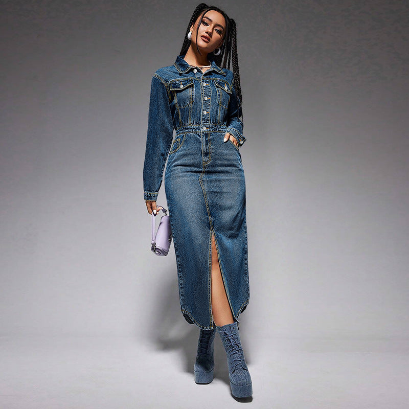 Clothing Collared Button Long Sleeve Split Denim Maxi Dress