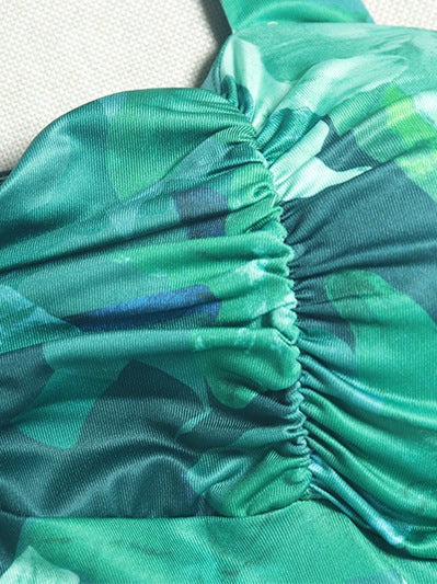 Print Halterneck Ruched Ruffle Slit Maxi Dress