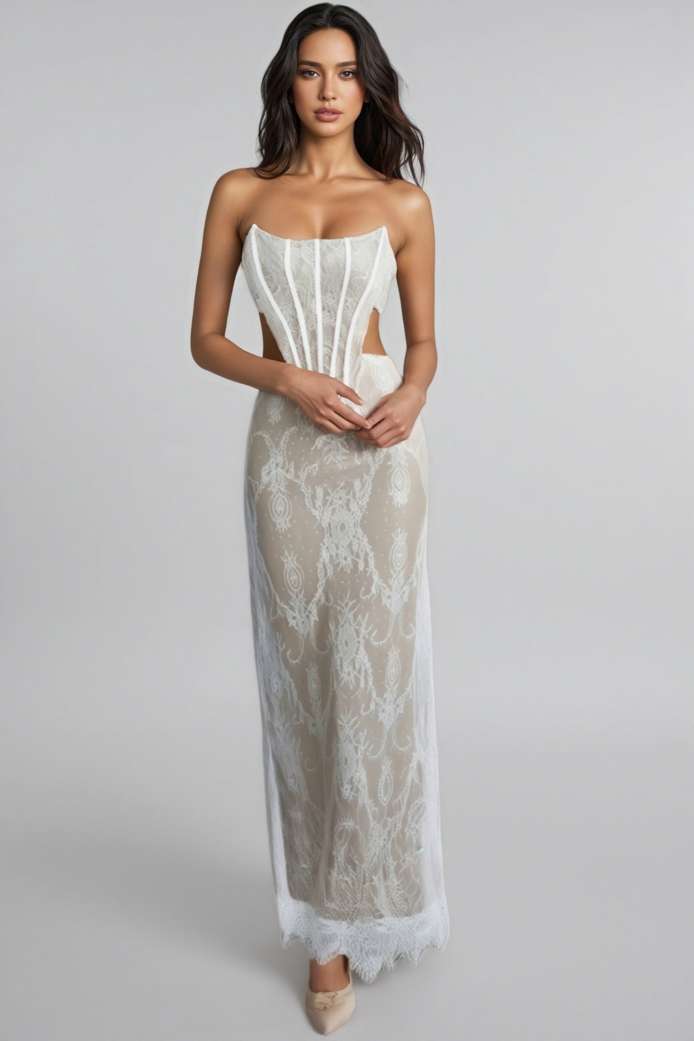 Kaylk Beige Lace Maxi Dress
