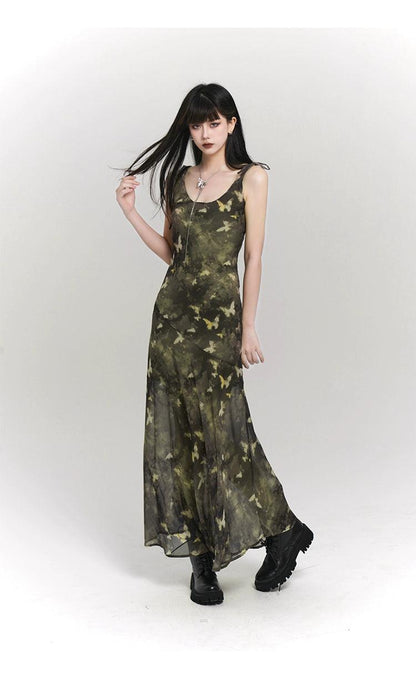 Ladyghost Woodland Whisper Maxi Dress - Camo-inspired Butterfly Print Slip Dress