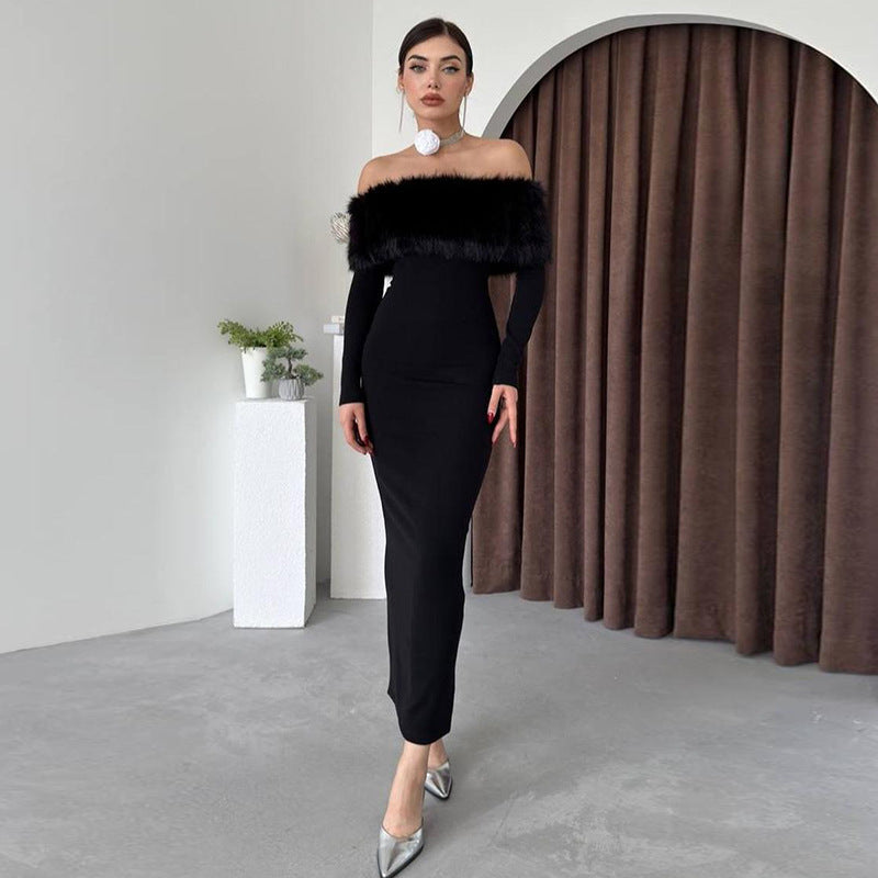 Autumn Maxi Dress Off Shoulder Fur Collar Slim Fit Dress