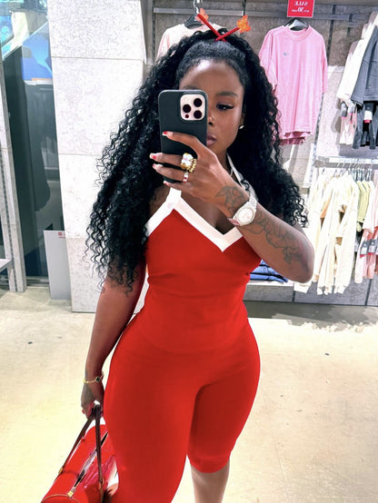 Summer Stretch Contrast Color Halterneck Vest Top Tight Mid Length Blouse Pants