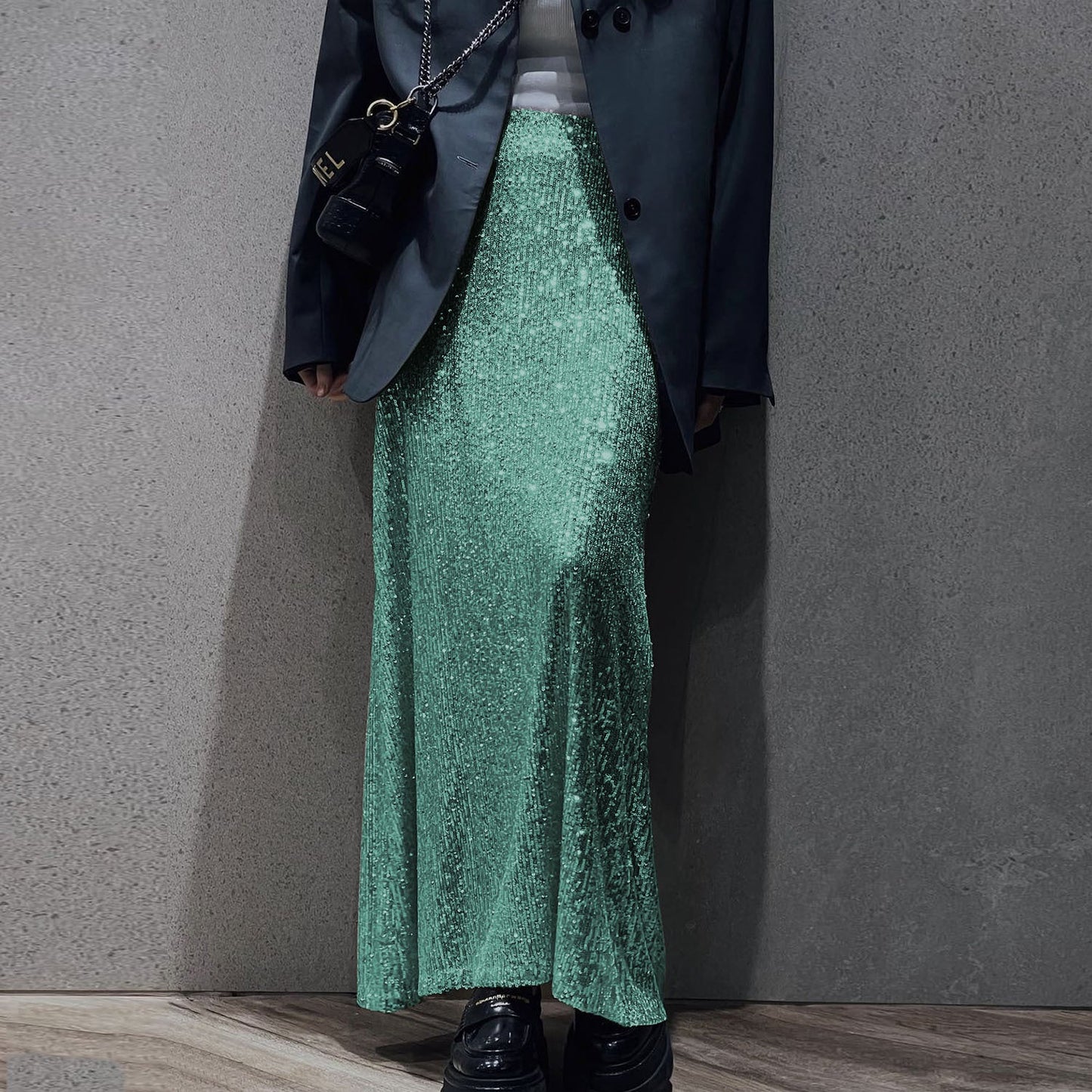 Spring Autumn Popular Long Sleeve Blouse Long Skirt Sequined Set