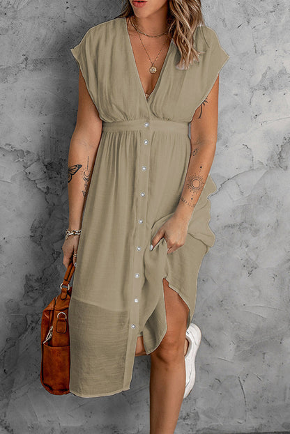Summer Double Layer Tulle Color Dress Deep V Plunge Short Sleeve Waist Controlled Maxi Dress