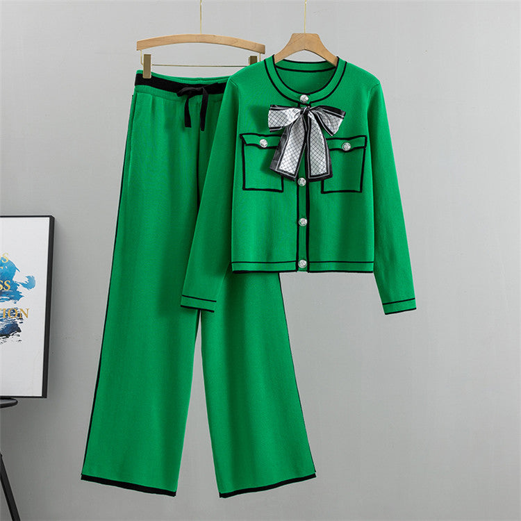 Green - Knitted Cardigan Two Piece Set
