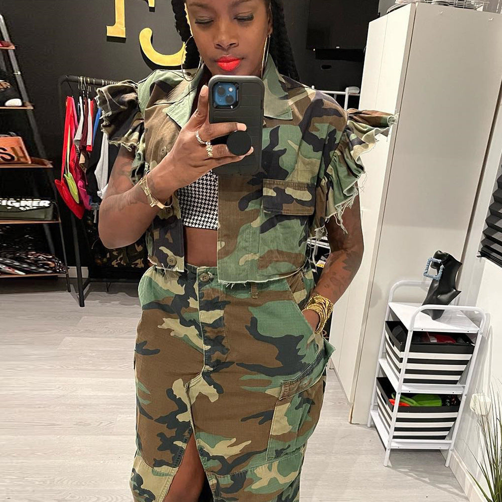 Camouflage Clothing Flounce Sleeve Pocket Personalized Cardigan Outdoor Short Sleeve Coat
