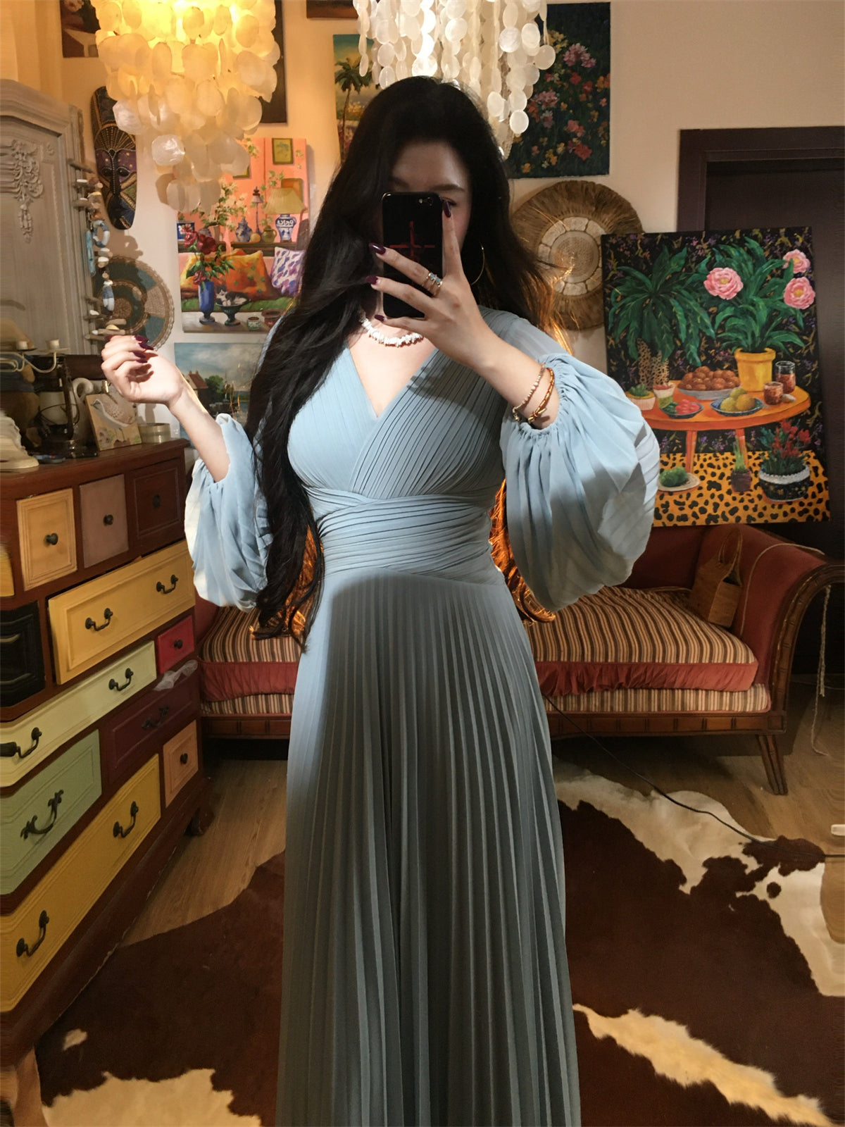 Misty Blue Pleated Panel Maxi Dress Flowy Slimming Gown Gunne Sax Dress
