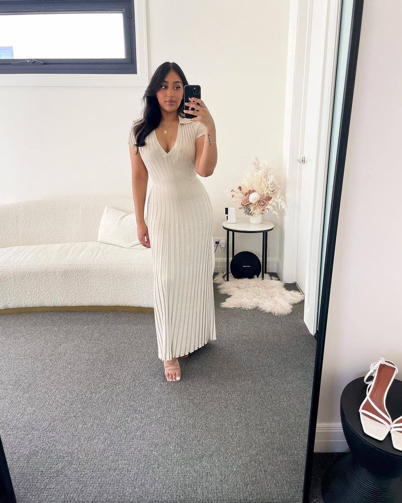 Spring Summer Knitted Dress Waist Tight Collared V Neck Sunken Stripe Slimming Knitted Maxi Dress