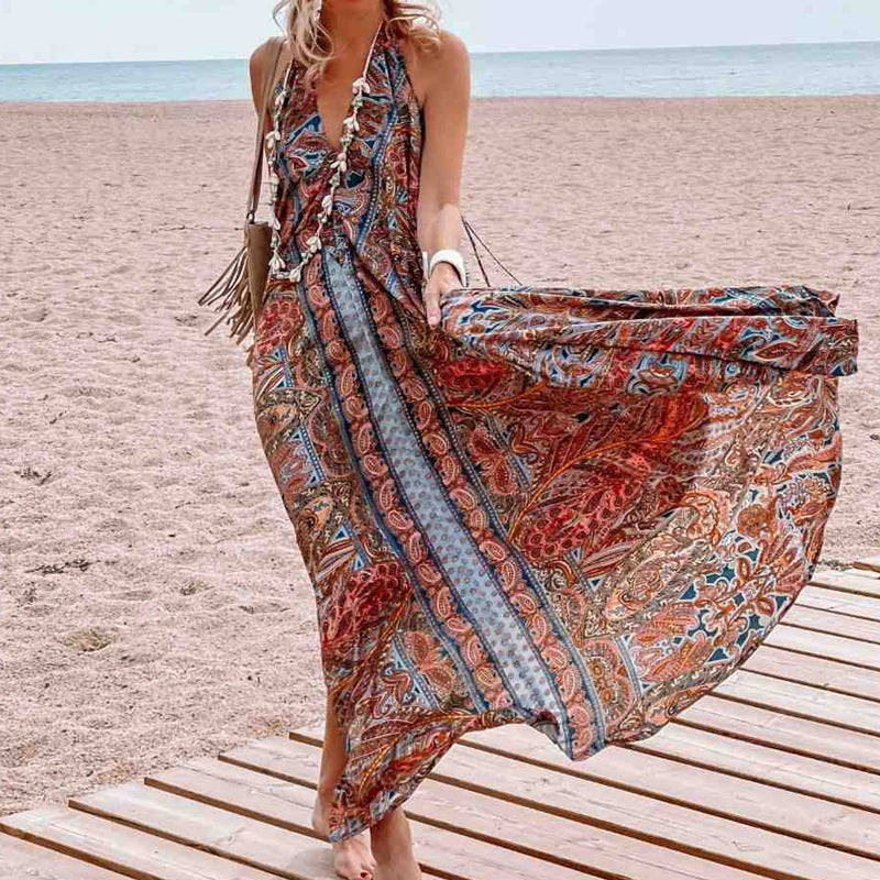 Clothing Spring Summer Arrival Printing V-neck Halter Maxi Dress