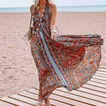 Clothing Spring Summer Arrival Printing V-neck Halter Maxi Dress