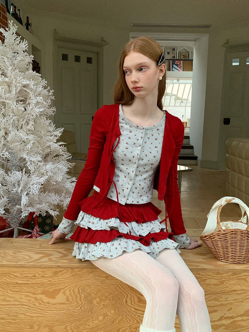 Splicing Strap Cardigan & Cake Skirt