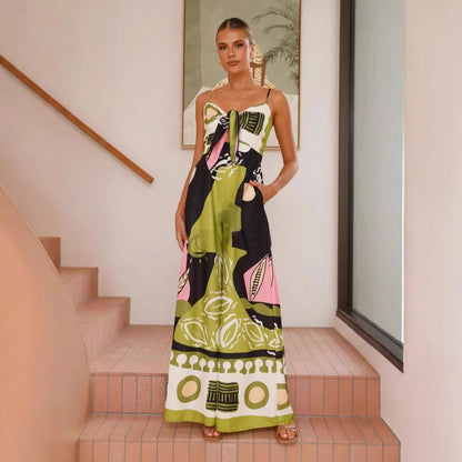 Spring Summer Jumpsuit Cropped Print Sling Wide Leg Jumpsuit