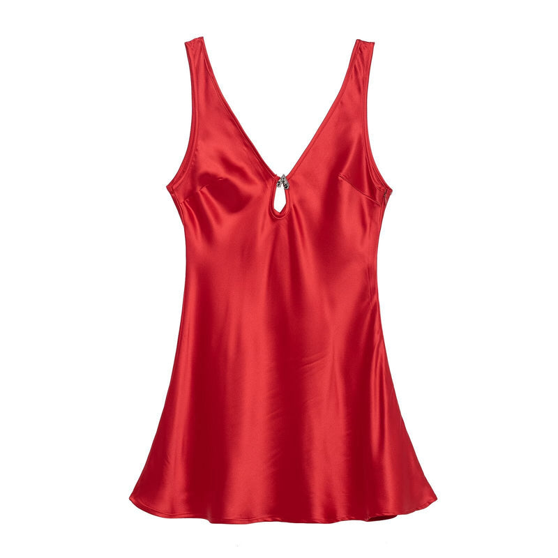 Heart Shaped Metal Decorative Silk Satin Short Dress Summer Backless V Neck Slim Fit Mini Dress