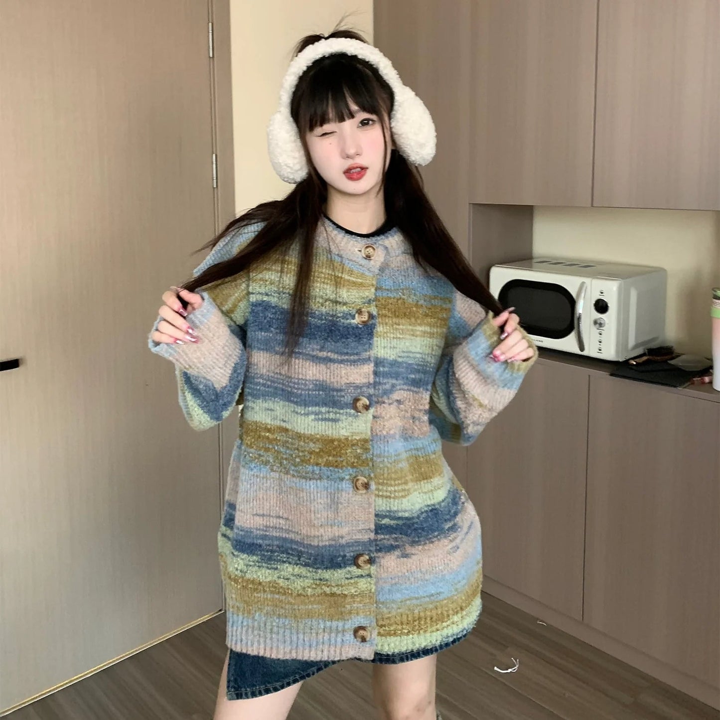 Oversized Fuzzy Striped Button-up Cardigan