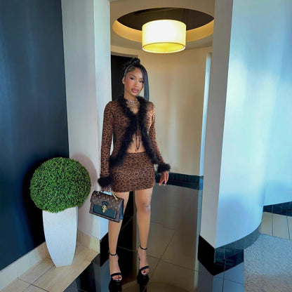 Furry Stitching Tied Cardigan Long Sleeved Top Leopard Print Skirt Set Two Piece Set