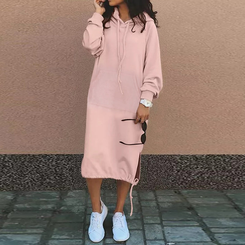 Autumn Winter Long Lace Up Hem Dress Hooded Sweater Midi Dress for