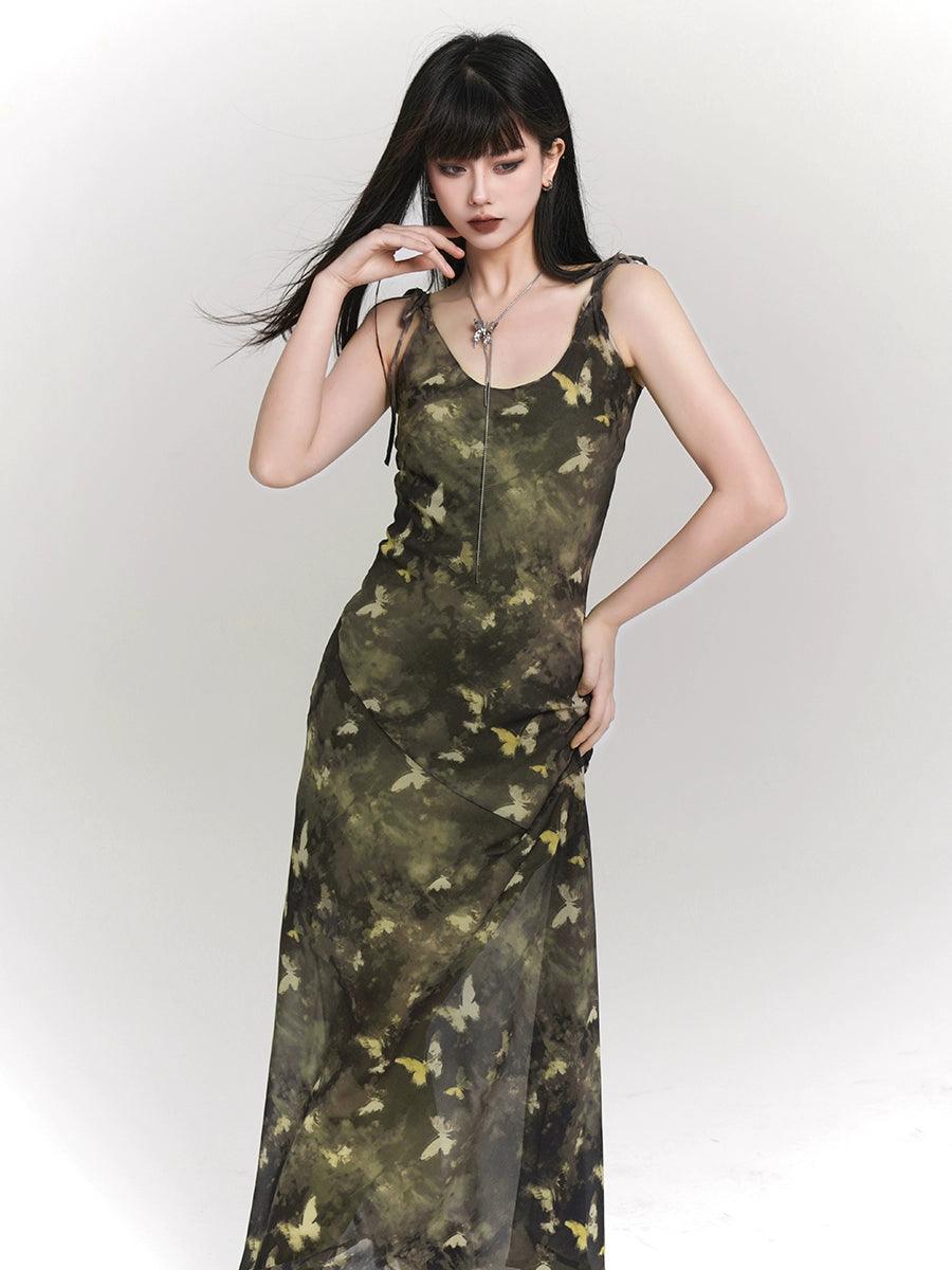 Ladyghost Woodland Whisper Maxi Dress - Camo-inspired Butterfly Print Slip Dress