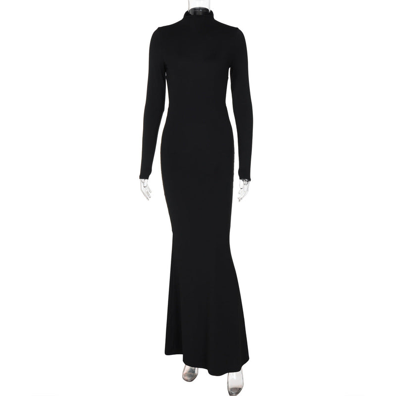 Autumn Color Half Collar Long Sleeve Personalized Bare Back Maxi Dress