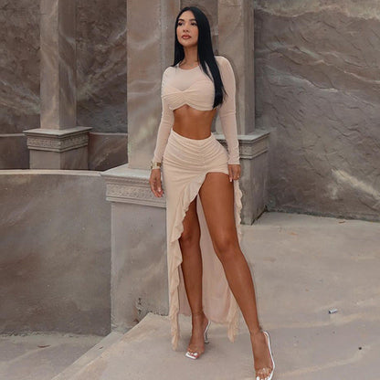 Clothing Winter Long Sleeve Mesh Double Layer Stitching Split Maxi Dress Two Piece Sets