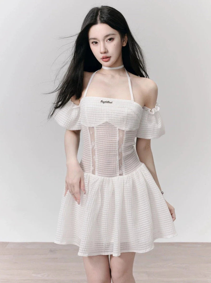 White Eyelet Lace Off-shoulder Mini Dress With Choker Neck Detail