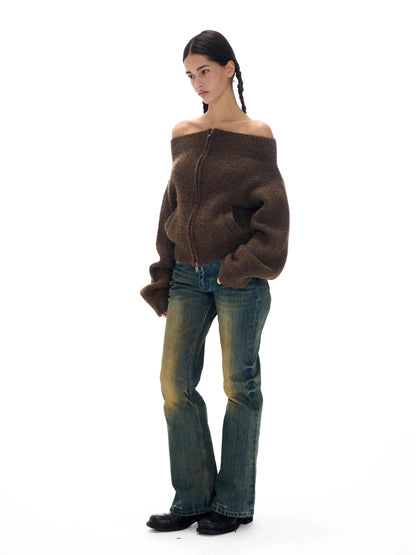 Off-the-shoulder Zipper Knit Cardigan