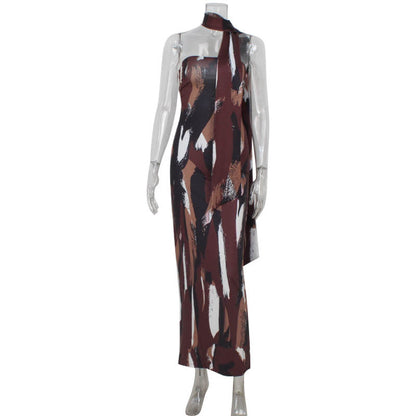 Spring Tube Top Bare Back Dress Printed Figure Slim Fit Maxi Dress