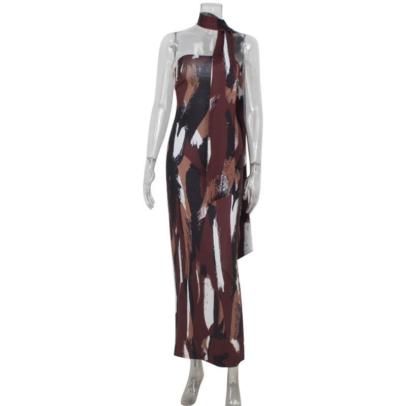 Spring Tube Top Bare Back Dress Printed Figure Slim Fit Maxi Dress