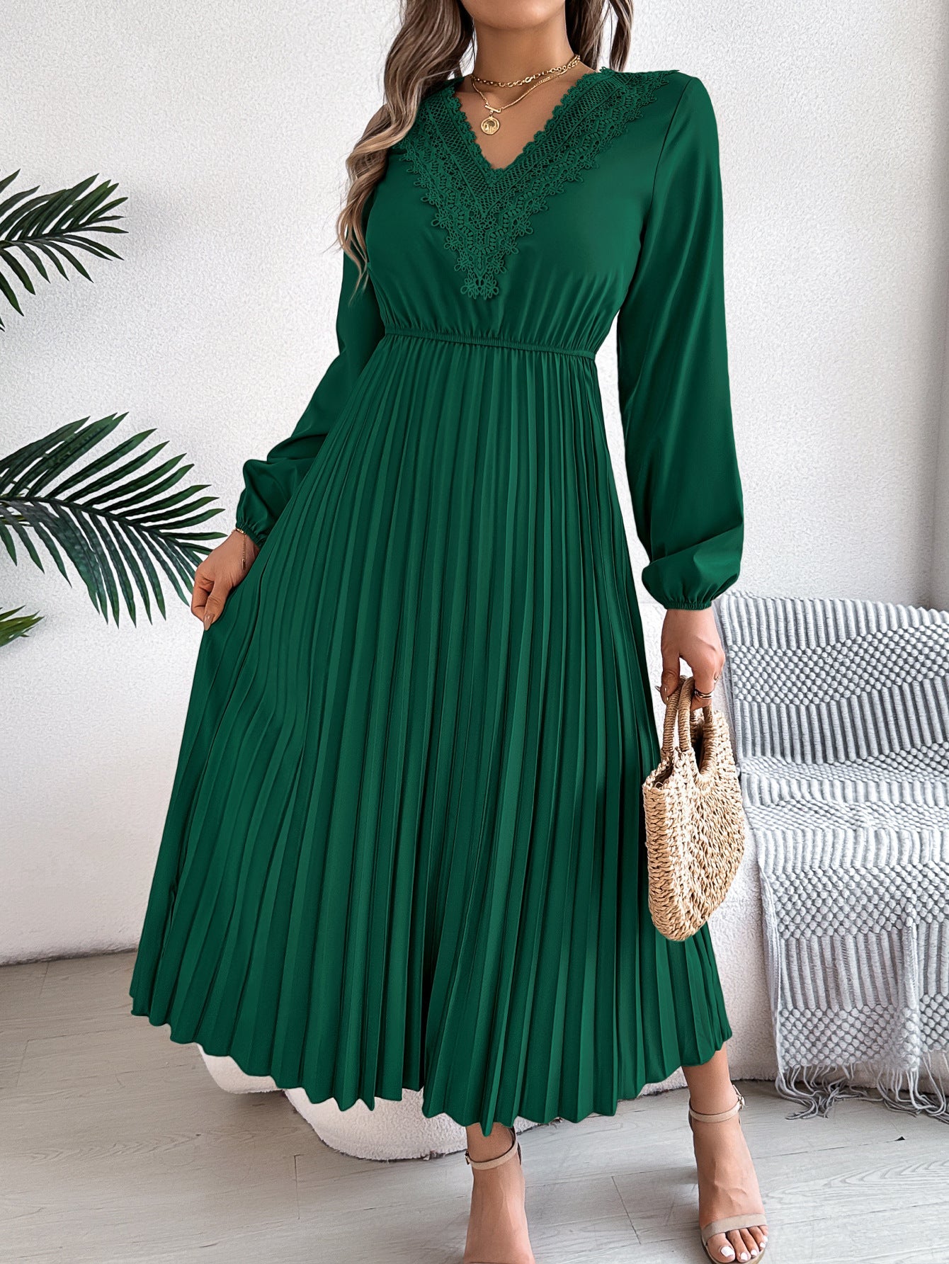 Spring Summer V Neck Lace Cinched Pleated Maxi Dress Clothing