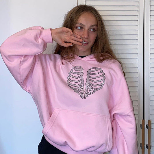 Skeleton Rhinestone Loose Hooded Sweatshirt Top Autumn Winter