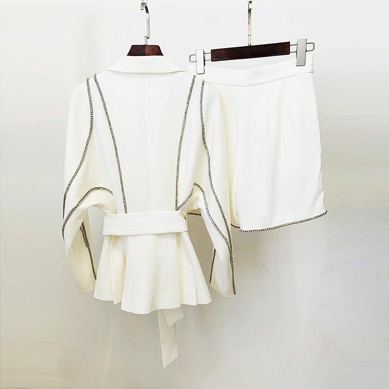Socialite Batwing Sleeve Diamond Series Belt Suit Shorts Two Piece Set