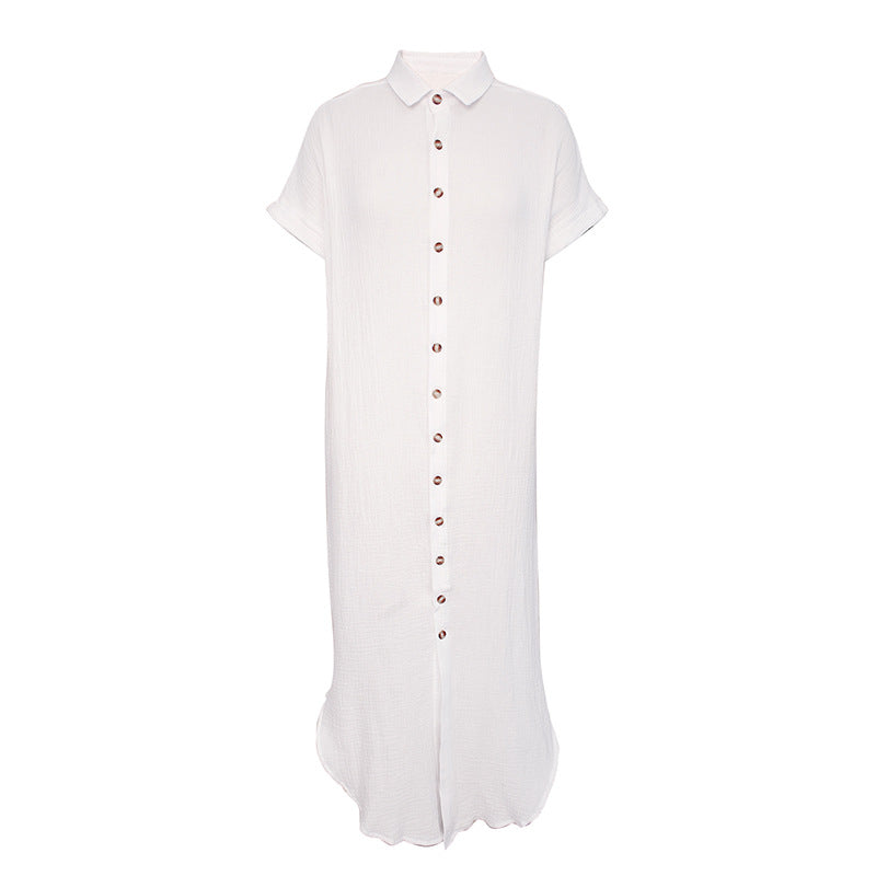 Color Shirt Simple Summer Long V-neck Single Breasted Short Sleeve Cardigan Shirt