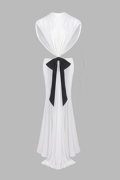 Gaelyra White Backless Satin Pleated Maxi Dress