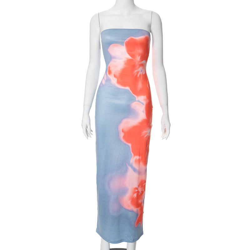 Clothing Summer Tube Top Print Slim Fit High Waist Slit Maxi Dress