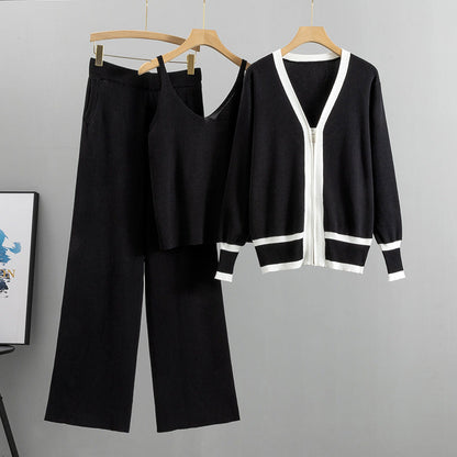 Spring Autumn Clothing Suit Tide Knitted Cardigan Sling Wide Leg Pants Three Piece Suit Suit