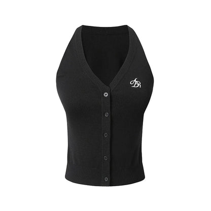 Sleeveless Ribbed Cardigan - V-neck Button-up Knit Tank Top