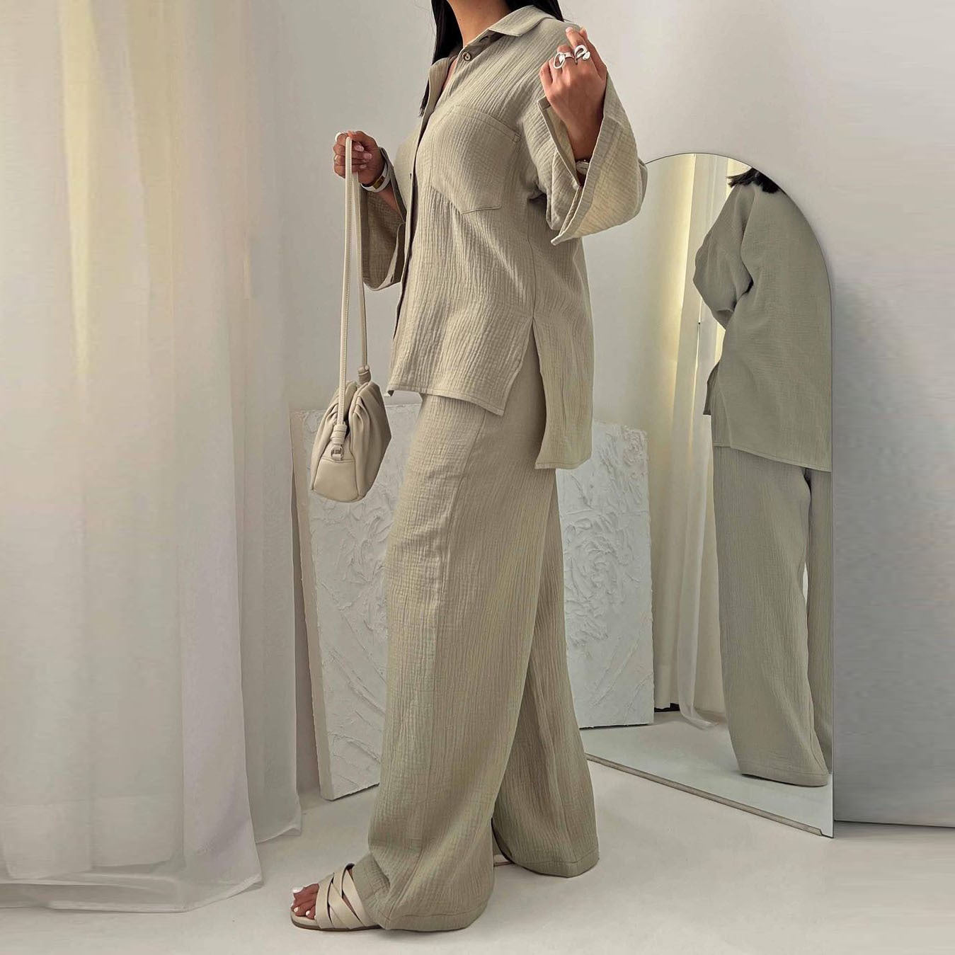 Clothing Autumn Champray Long Sleeve Shirt High Waist Wide Leg Pants Set
