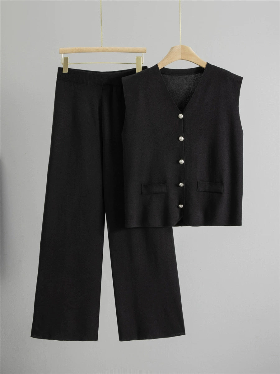 Black – Loose Cardigan Sleeveless Two-piece Set