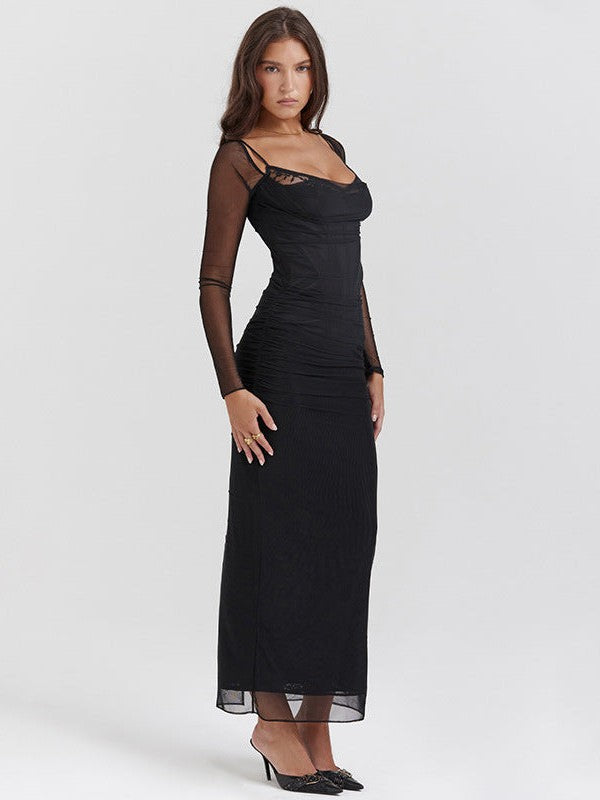 Black Spaghetti Strap Backless Tight Split Maxi Dress