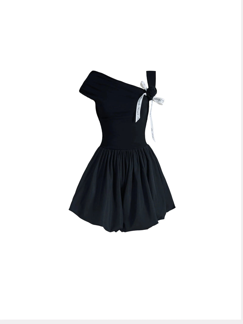 Off-shoulder Black Mini Dress With Contrast Bow Detail