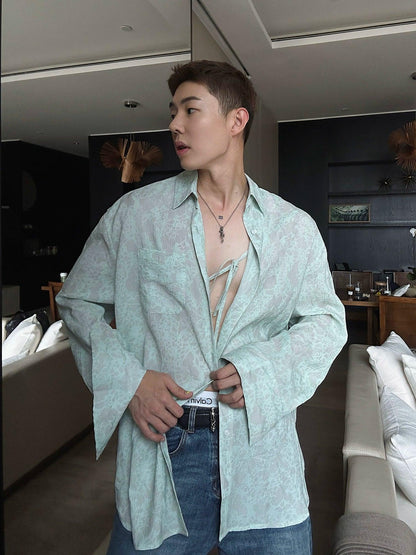 Weave Studio Mint Green Jacquard Oversized Shirt - Long Sleeve Button-up Blouse