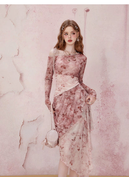 Pink Long Sleeve Midi Dress