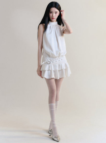 Fragile Heart White Halter Neck Ruffle Mini Dress With Belted Waist