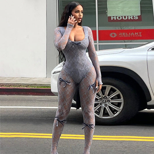 Spring See Through Hollow Out Cutout High Waist Jacquard Tight Long Sleeve Lace Jumpsuit
