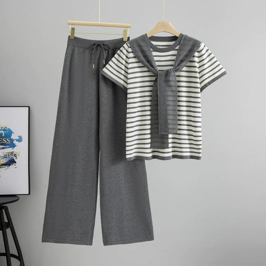 Gray – Drawstring Short-sleeve Striped Two-piece Set
